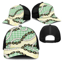 Green Palaka Hawaii Mesh Trucker Cap Kukui Nut Pikake Lei Hawaiian Tapa Pattern - Polynesian Pride