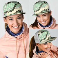 Green Palaka Hawaii Mesh Trucker Cap Kukui Nut Pikake Lei Hawaiian Tapa Pattern - Polynesian Pride