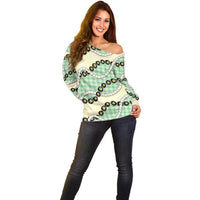 Green Palaka Hawaii Off Shoulder Sweater Kukui Nut Pikake Lei Hawaiian Tapa Pattern - Polynesian Pride
