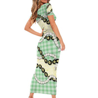 Green Palaka Hawaii Short Sleeve Bodycon Dress Kukui Nut Pikake Lei Hawaiian Tapa Pattern - Polynesian Pride