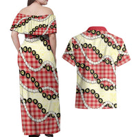 Red Palaka Hawaii Couples Matching Off Shoulder Maxi Dress and Hawaiian Shirt Kukui Nut Pikake Lei Hawaiian Tapa Pattern - Polynesian Pride