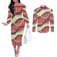 Red Palaka Hawaii Couples Matching Off The Shoulder Long Sleeve Dress and Long Sleeve Button Shirt Kukui Nut Pikake Lei Hawaiian Tapa Pattern - Polynesian Pride