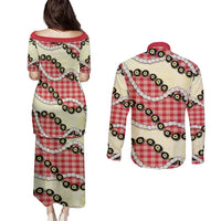 Red Palaka Hawaii Couples Matching Puletasi and Long Sleeve Button Shirt Kukui Nut Pikake Lei Hawaiian Tapa Pattern - Polynesian Pride