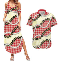 Red Palaka Hawaii Couples Matching Summer Maxi Dress and Hawaiian Shirt Kukui Nut Pikake Lei Hawaiian Tapa Pattern - Polynesian Pride