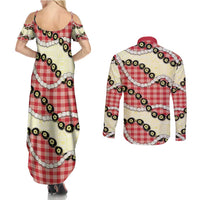 Red Palaka Hawaii Couples Matching Summer Maxi Dress and Long Sleeve Button Shirt Kukui Nut Pikake Lei Hawaiian Tapa Pattern - Polynesian Pride