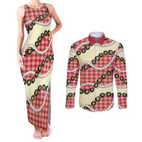 Red Palaka Hawaii Couples Matching Tank Maxi Dress and Long Sleeve Button Shirt Kukui Nut Pikake Lei Hawaiian Tapa Pattern - Polynesian Pride