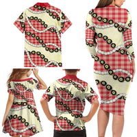 Red Palaka Hawaii Family Matching Long Sleeve Bodycon Dress and Hawaiian Shirt Kukui Nut Pikake Lei Hawaiian Tapa Pattern - Polynesian Pride