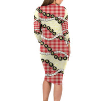 Red Palaka Hawaii Family Matching Long Sleeve Bodycon Dress and Hawaiian Shirt Kukui Nut Pikake Lei Hawaiian Tapa Pattern - Polynesian Pride