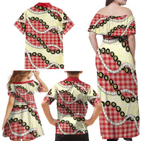 Red Palaka Hawaii Family Matching Off Shoulder Maxi Dress and Hawaiian Shirt Kukui Nut Pikake Lei Hawaiian Tapa Pattern - Polynesian Pride
