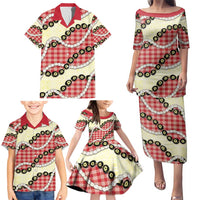 Red Palaka Hawaii Family Matching Puletasi and Hawaiian Shirt Kukui Nut Pikake Lei Hawaiian Tapa Pattern - Polynesian Pride