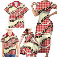 Red Palaka Hawaii Family Matching Short Sleeve Bodycon Dress and Hawaiian Shirt Kukui Nut Pikake Lei Hawaiian Tapa Pattern - Polynesian Pride