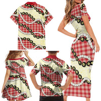 Red Palaka Hawaii Family Matching Short Sleeve Bodycon Dress and Hawaiian Shirt Kukui Nut Pikake Lei Hawaiian Tapa Pattern - Polynesian Pride