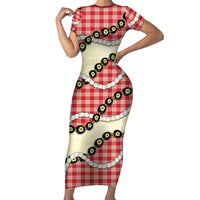 Red Palaka Hawaii Family Matching Short Sleeve Bodycon Dress and Hawaiian Shirt Kukui Nut Pikake Lei Hawaiian Tapa Pattern - Polynesian Pride