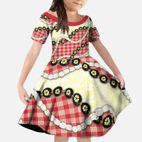 Red Palaka Hawaii Kid Short Sleeve Dress Kukui Nut Pikake Lei Hawaiian Tapa Pattern - Polynesian Pride