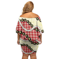 Red Palaka Hawaii Off Shoulder Short Dress Kukui Nut Pikake Lei Hawaiian Tapa Pattern - Polynesian Pride