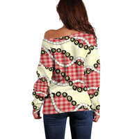 Red Palaka Hawaii Off Shoulder Sweater Kukui Nut Pikake Lei Hawaiian Tapa Pattern - Polynesian Pride