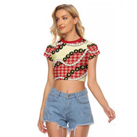 Red Palaka Hawaii Raglan Cropped T Shirt Kukui Nut Pikake Lei Hawaiian Tapa Pattern - Polynesian Pride