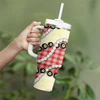 Red Palaka Hawaii Tumbler With Handle Kukui Nut Pikake Lei Hawaiian Tapa Pattern - Polynesian Pride