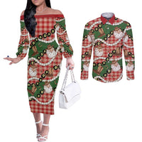 Cowboy Hawaii Mele Kalikimaka Couples Matching Off The Shoulder Long Sleeve Dress and Long Sleeve Button Shirt Paniolo Kukui Nut Pikake Lei Red Version - Polynesian Pride