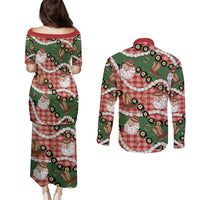 Cowboy Hawaii Mele Kalikimaka Couples Matching Puletasi and Long Sleeve Button Shirt Paniolo Kukui Nut Pikake Lei Red Version - Polynesian Pride