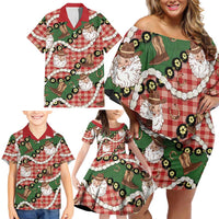 Cowboy Hawaii Mele Kalikimaka Family Matching Off Shoulder Short Dress and Hawaiian Shirt Paniolo Kukui Nut Pikake Lei Red Version - Polynesian Pride
