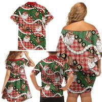 Cowboy Hawaii Mele Kalikimaka Family Matching Off Shoulder Short Dress and Hawaiian Shirt Paniolo Kukui Nut Pikake Lei Red Version - Polynesian Pride