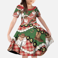 Cowboy Hawaii Mele Kalikimaka Kid Short Sleeve Dress Paniolo Kukui Nut Pikake Lei Red Version - Polynesian Pride
