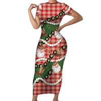 Cowboy Hawaii Mele Kalikimaka Short Sleeve Bodycon Dress Paniolo Kukui Nut Pikake Lei Red Version - Polynesian Pride