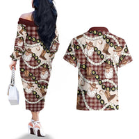Cowboy Hawaii Mele Kalikimaka Couples Matching Off The Shoulder Long Sleeve Dress and Hawaiian Shirt Paniolo Kukui Nut Pikake Lei Burgundy Version - Polynesian Pride