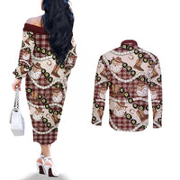Cowboy Hawaii Mele Kalikimaka Couples Matching Off The Shoulder Long Sleeve Dress and Long Sleeve Button Shirt Paniolo Kukui Nut Pikake Lei Burgundy Version - Polynesian Pride