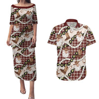 Cowboy Hawaii Mele Kalikimaka Couples Matching Puletasi and Hawaiian Shirt Paniolo Kukui Nut Pikake Lei Burgundy Version - Polynesian Pride