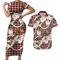 Cowboy Hawaii Mele Kalikimaka Couples Matching Short Sleeve Bodycon Dress and Hawaiian Shirt Paniolo Kukui Nut Pikake Lei Burgundy Version - Polynesian Pride