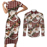 Cowboy Hawaii Mele Kalikimaka Couples Matching Short Sleeve Bodycon Dress and Long Sleeve Button Shirt Paniolo Kukui Nut Pikake Lei Burgundy Version - Polynesian Pride