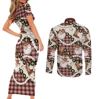 Cowboy Hawaii Mele Kalikimaka Couples Matching Short Sleeve Bodycon Dress and Long Sleeve Button Shirt Paniolo Kukui Nut Pikake Lei Burgundy Version - Polynesian Pride