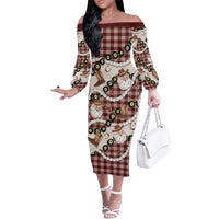 Cowboy Hawaii Mele Kalikimaka Family Matching Off The Shoulder Long Sleeve Dress and Hawaiian Shirt Paniolo Kukui Nut Pikake Lei Burgundy Version - Polynesian Pride