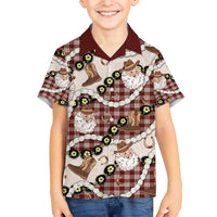 Cowboy Hawaii Mele Kalikimaka Family Matching Off The Shoulder Long Sleeve Dress and Hawaiian Shirt Paniolo Kukui Nut Pikake Lei Burgundy Version - Polynesian Pride