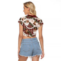 Cowboy Hawaii Mele Kalikimaka Raglan Cropped T Shirt Paniolo Kukui Nut Pikake Lei Burgundy Version - Polynesian Pride