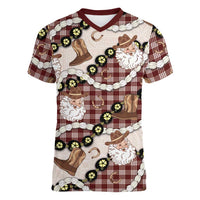 Cowboy Hawaii Mele Kalikimaka Women V-Neck T-Shirt Paniolo Kukui Nut Pikake Lei Burgundy Version - Polynesian Pride