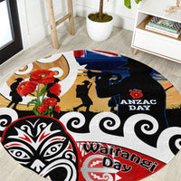 New Zealand Waitangi And ANZAC Day Round Carpet Aotearoa Maori Tiki With Last Post LT14 Black - Polynesian Pride