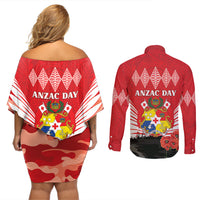 Tonga ANZAC Day Couples Matching Off Shoulder Short Dress and Long Sleeve Button Shirt Camouflage With Poppies Lest We Forget LT14 - Polynesian Pride