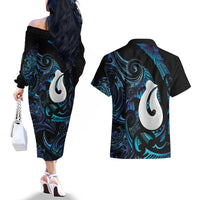 Hei Matau New Zealand Matariki Couples Matching Off The Shoulder Long Sleeve Dress and Hawaiian Shirt NZ Fish Hook Maori Art
