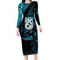 Manaia New Zealand Matariki Long Sleeve Bodycon Dress NZ Paua Shell Maori Art LT14 Long Dress Turquoise - Polynesian Pride