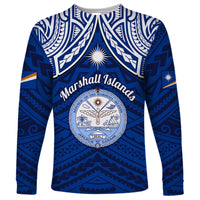 Personalised Marshall Islands Long Sleeve Shirt Blue Polynesian Tribal Mix Coat Of Arms LT14 Unisex Blue - Polynesian Pride