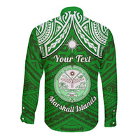 Personalised Marshall Islands Long Sleeve Button Shirt Green Polynesian Tribal Mix Coat Of Arms LT14 - Polynesian Pride