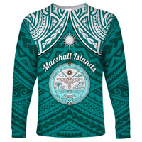 Personalised Marshall Islands Long Sleeve Shirt Turquoise Polynesian Tribal Mix Coat Of Arms LT14 Unisex Turquoise - Polynesian Pride