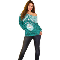 Personalised Marshall Islands Off Shoulder Sweater Turquoise Polynesian Tribal Mix Coat Of Arms LT14 - Polynesian Pride