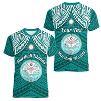 Personalised Marshall Islands Women V Neck T Shirt Turquoise Polynesian Tribal Mix Coat Of Arms LT14 - Polynesian Pride