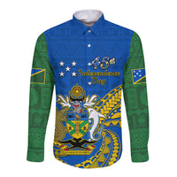 Personalised Independence Day Solomon Islands Long Sleeve Button Shirt Happy 45th Anniversary LT14 Unisex Blue - Polynesian Pride