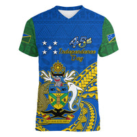 Personalised Independence Day Solomon Islands Women V Neck T Shirt Happy 45th Anniversary LT14 Female Blue - Polynesian Pride