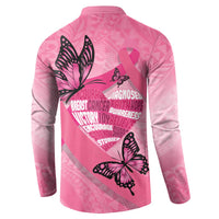 Polynesia Breast Cancer Awareness Month Button Sweatshirt Pink Ribbon Mix Butterflies